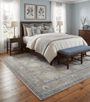 Beige and Blue Wool Rug 8x10 - Hand Knotted Traditional Oxidized Low Pile Finish