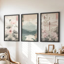 Japandi Style Set of 3 Wall Art. Floral and Mountain Prints by Wall Art Set