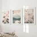 Japandi Style Set of 3 Wall Art. Floral and Mountain Prints by Wall Art Set