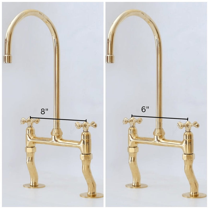 Vintage Patina, Solid Brass  Bridge Kitchen Faucet 8", Curved Legs, Cross Handles