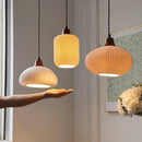 Vintage ribbed ceramic wood led pendant lights dining room set by Decorbites