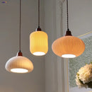 Vintage ribbed ceramic wood led pendant lights dining room set by Decorbites