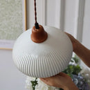 Vintage ribbed ceramic wood led pendant lights dining room set by Decorbites