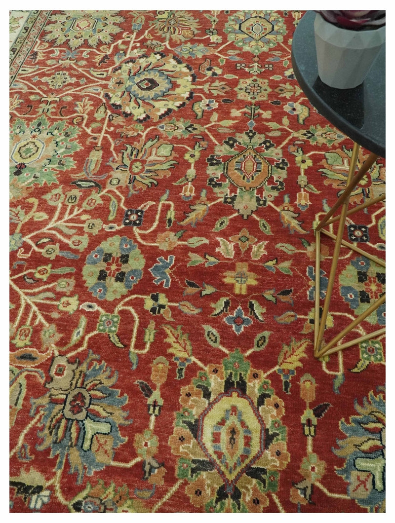 Vintage Style 9x12 Fine Hand Knotted Rust, Olive and Beige Traditional Serapi wool rug