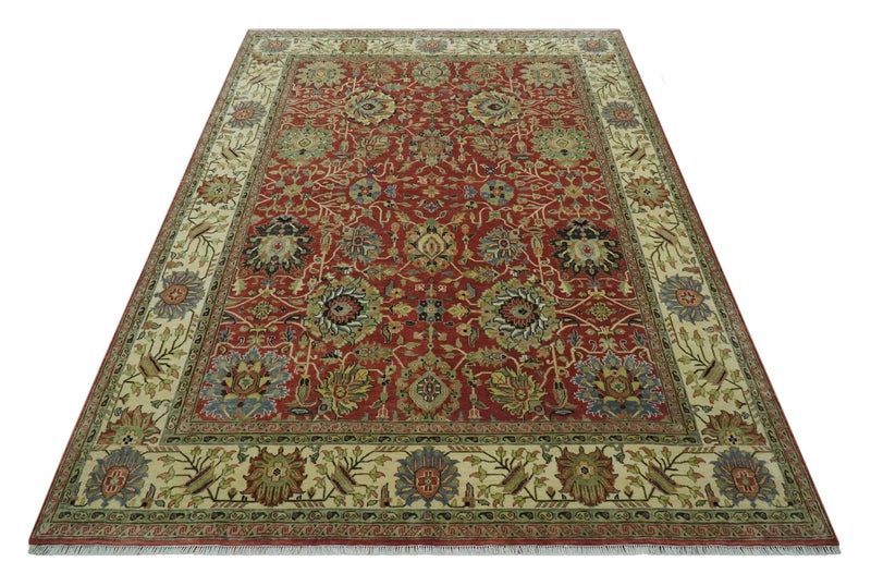 Vintage Style 9x12 Fine Hand Knotted Rust, Olive and Beige Traditional Serapi wool rug
