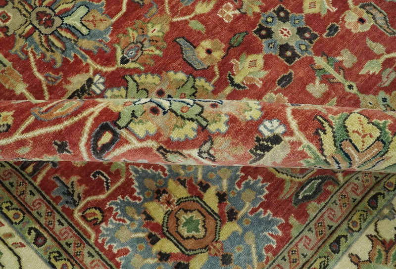 Vintage Style 9x12 Fine Hand Knotted Rust, Olive and Beige Traditional Serapi wool rug