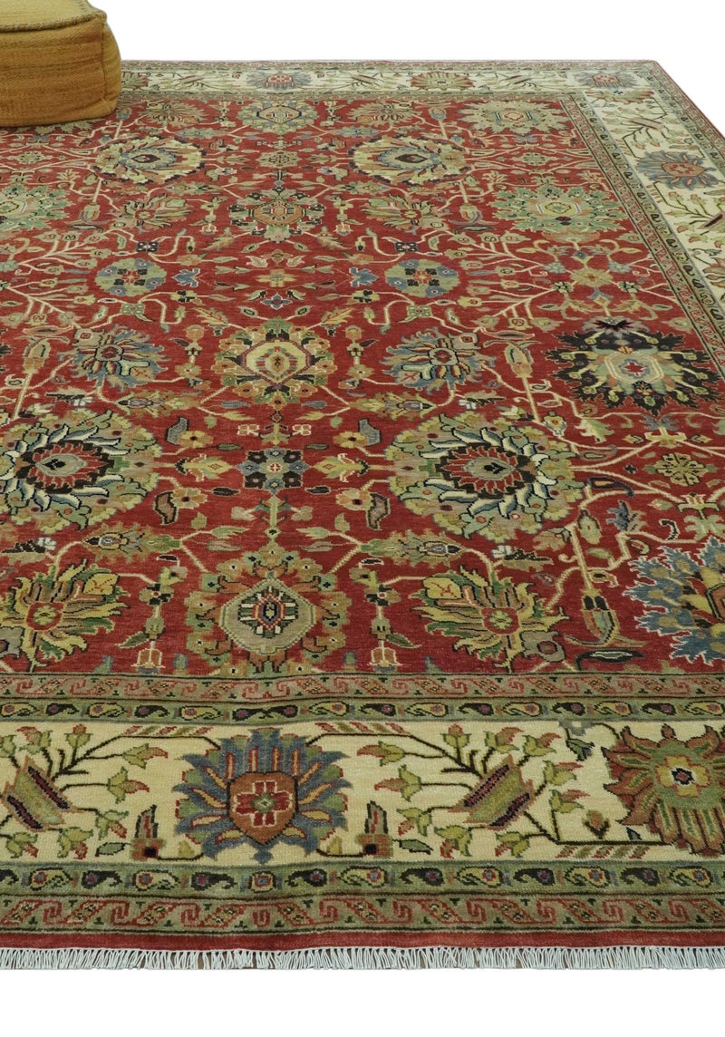 Vintage Style 9x12 Fine Hand Knotted Rust, Olive and Beige Traditional Serapi wool rug