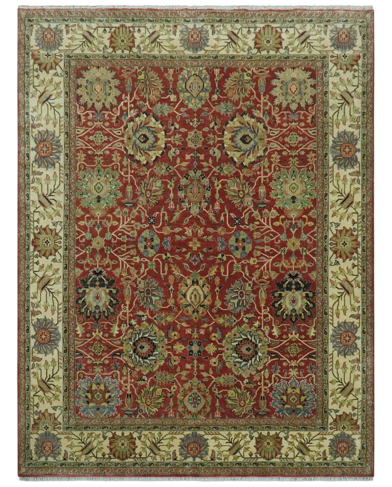 Vintage Style 9x12 Fine Hand Knotted Rust, Olive and Beige Traditional Serapi wool rug