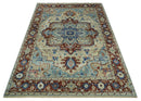 Vintage Style Beige, Aqua and Brown Hand Knotted Traditional Heriz 8x10 wool area Rug