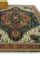 Vintage Style Rust, Blue and Ivory Fine Hand Knotted Traditional Heriz 9x12 wool area rug by The Rug Decor