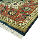 Vintage Style Rust, Blue and Ivory Fine Hand Knotted Traditional Heriz 9x12 wool area rug by The Rug Decor