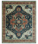 Vintage Style Rust, Blue and Ivory Fine Hand Knotted Traditional Heriz 9x12 wool area rug by The Rug Decor