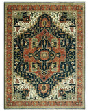 Vintage Style Rust, Blue and Ivory Fine Hand Knotted Traditional Heriz 9x12 wool area rug by The Rug Decor