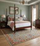 Wool Area Rug Vintage Oushak Traditional Hand Knotted in Beige Rust Pink and Blue