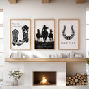 Black White Western Cowgirl 3 Piece Art. Boots, Horseshoe by Wall Art Set