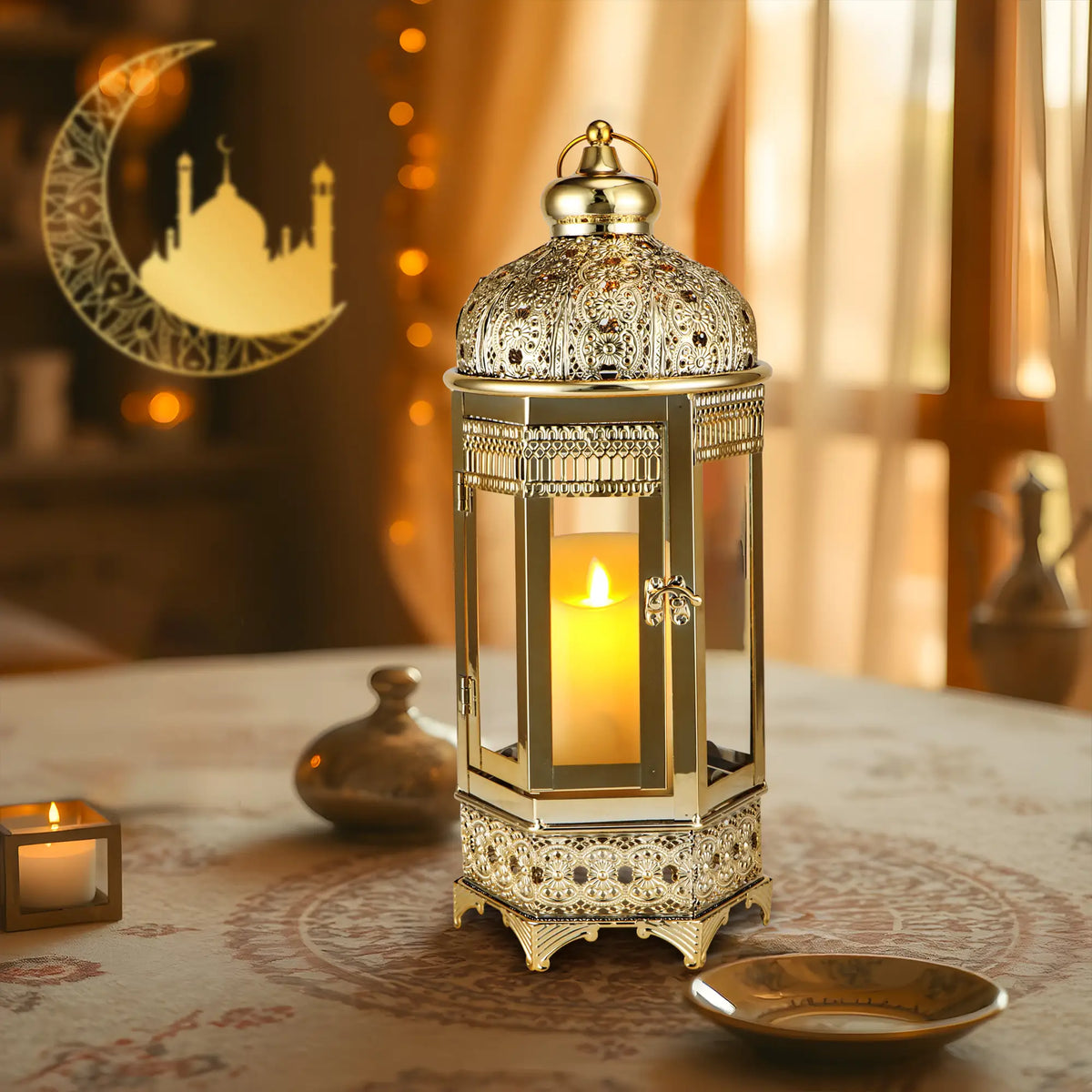 Moroccan Candle Lantern 16'' Gold Hexagonal Candle Holder, photo 5 of 6
