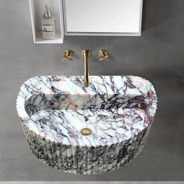 Calacatta Viola Marble Wall-Mount Fluted Half-Round Bathroom Sink (W)16" (L)24" (H)8"