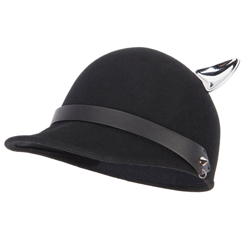 Women's Silver Metal Ear Accent Wide Band Detailed with Chain Wool Newsboy Cap