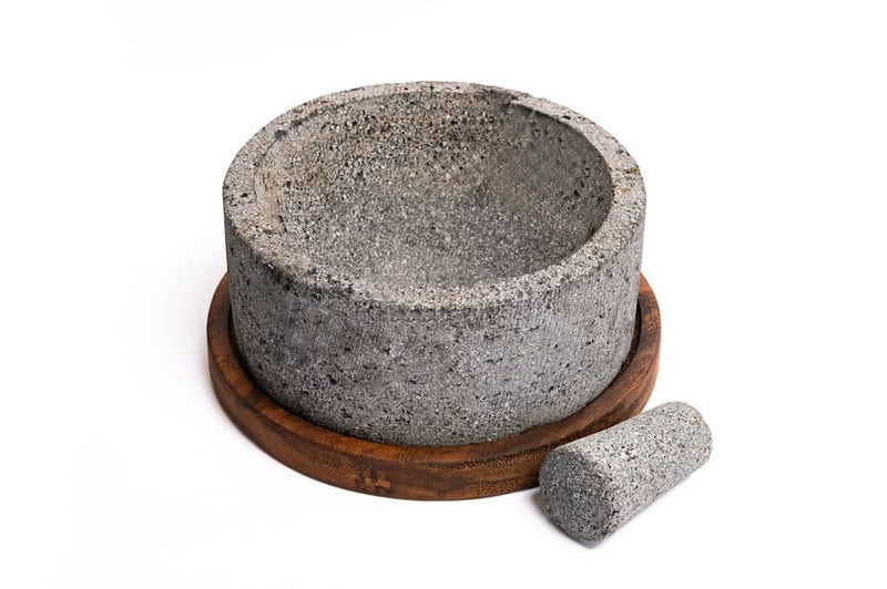 Craft by Order - Volcanic Stone Molcajete "Chilmamolli" - 10-inch Volcanic Stone Bowl with Parota Wood Base, 50 Oz Capacity