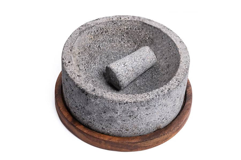 Craft by Order - Volcanic Stone Molcajete "Chilmamolli" - 10-inch Volcanic Stone Bowl with Parota Wood Base, 50 Oz Capacity