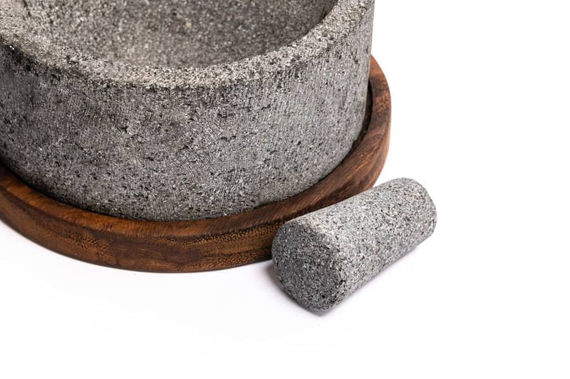 Craft by Order - Volcanic Stone Molcajete "Chilmamolli" - 10-inch Volcanic Stone Bowl with Parota Wood Base, 50 Oz Capacity