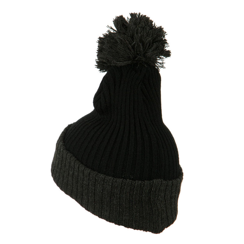 Two Tone Vertical Ribbed Pom Beanie
