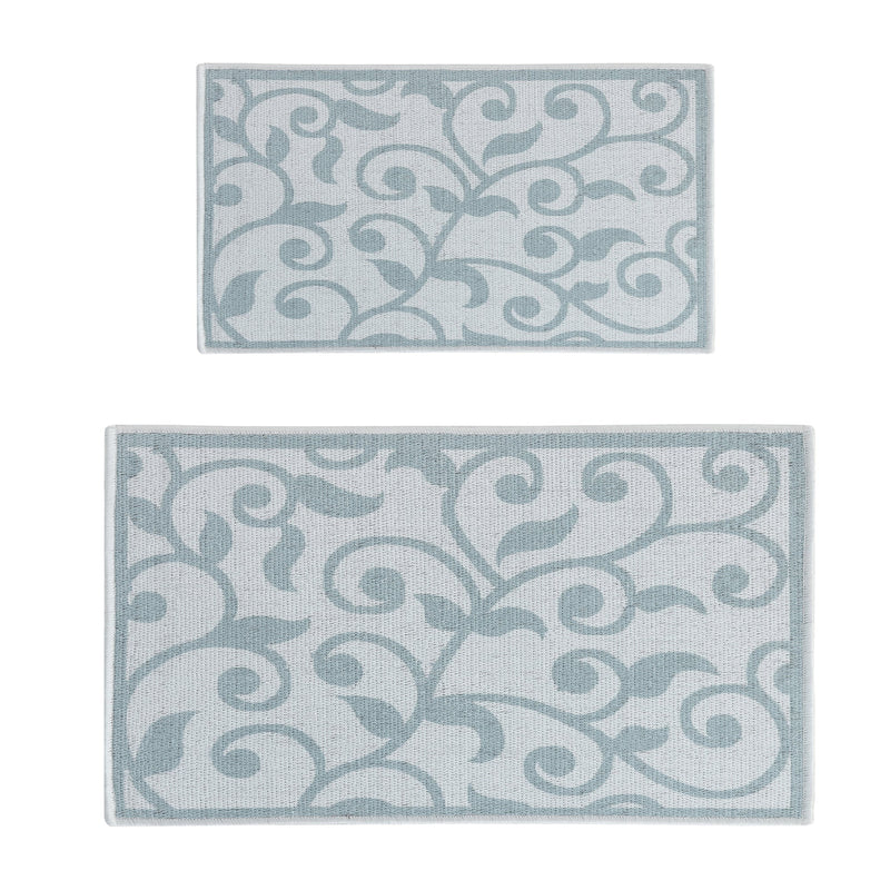 Floral Design Non Skid Washable Kitchen Runner Rugs Set of 2| 44 x 24 and 31.5 x 20 Inches Floor Mats | Gray&Teal