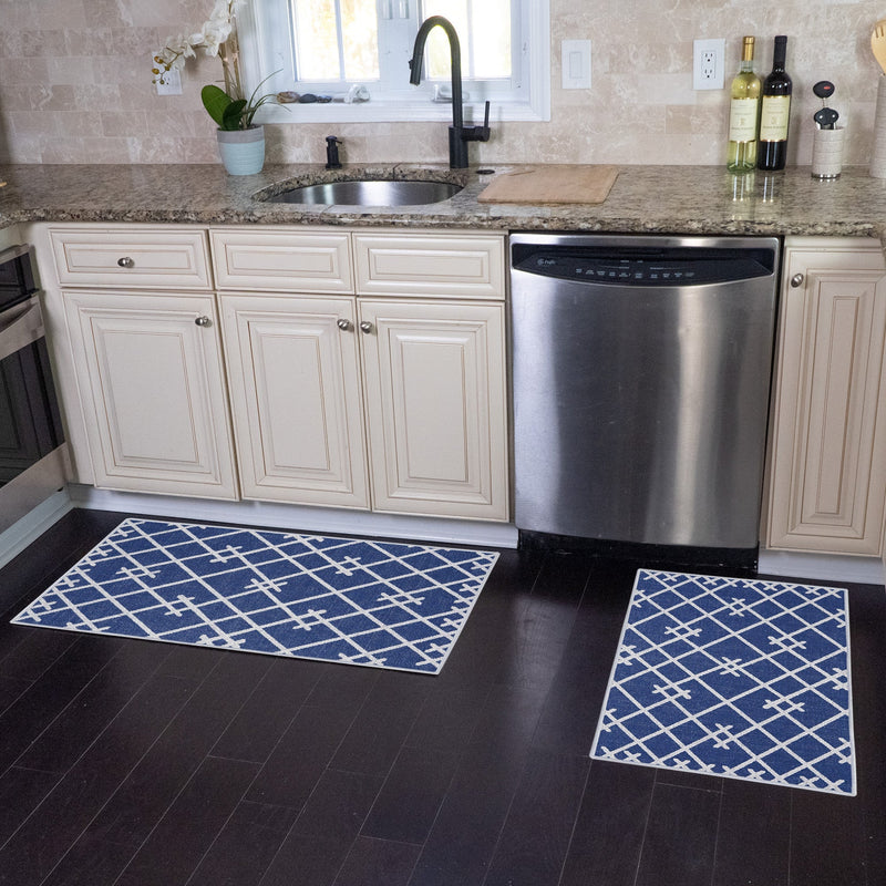 Geometric Design Non Skid Washable Kitchen Runner Rugs Set of 2| 44 x 24 and 31.5 x 20 Inches Floor Mats |Navy