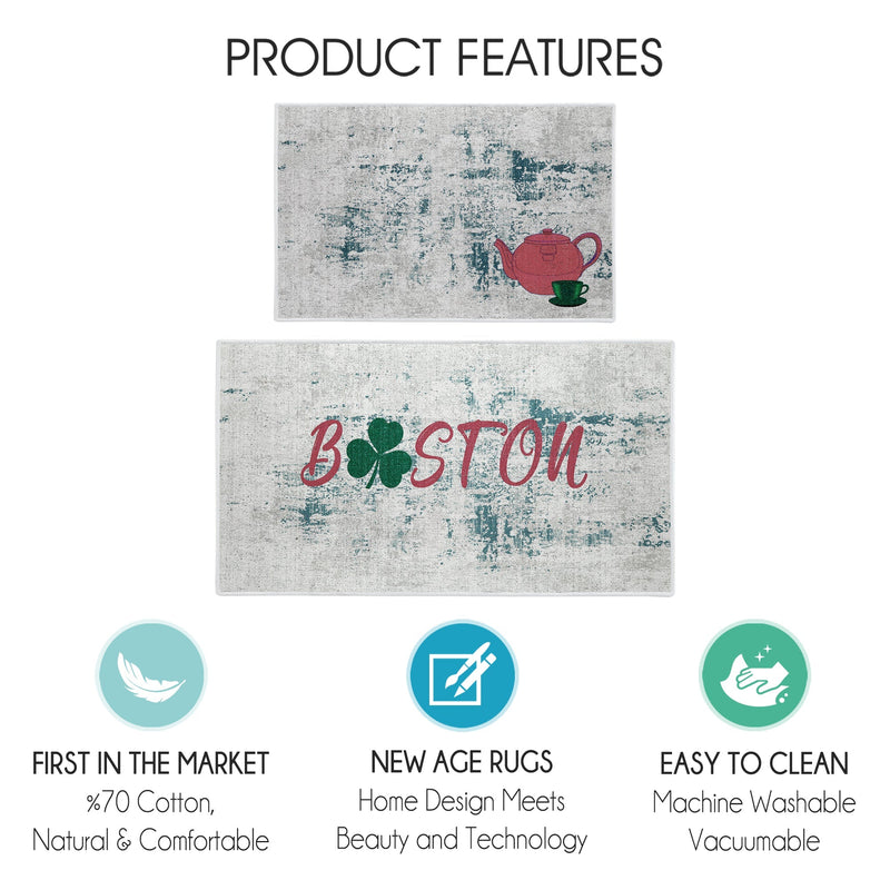 US States Boston Design Non Skid Washable Kitchen Runner Rugs Set of 2| 44 x 24 and 31.5 x 20 Inches Floor Mats |Green