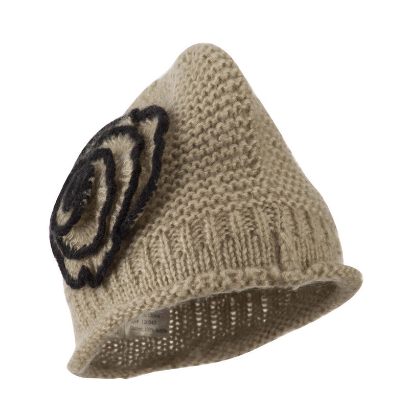 Women's Acrylic Knit Beanie with Spiral Flower