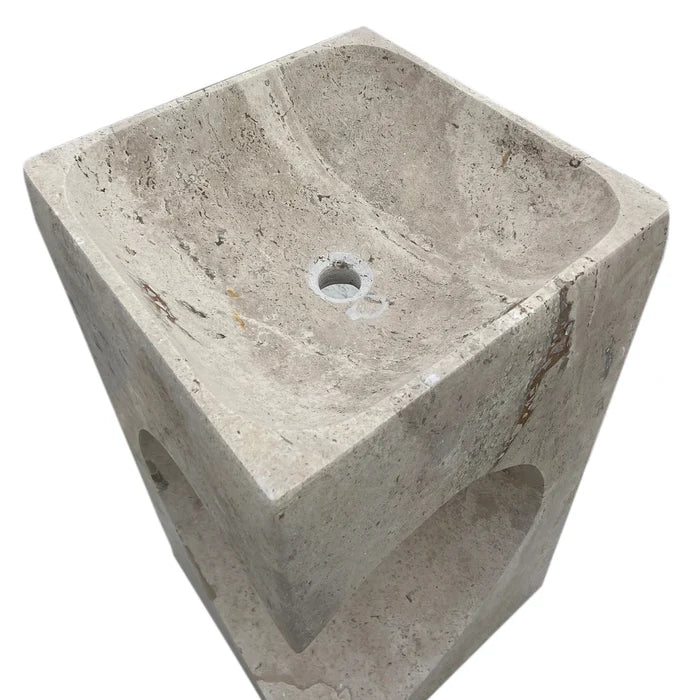 Walnut Travertine Designer Pedestal Stand-Alone Hearth Shape Sink (W)18" (L)18" (H)33"