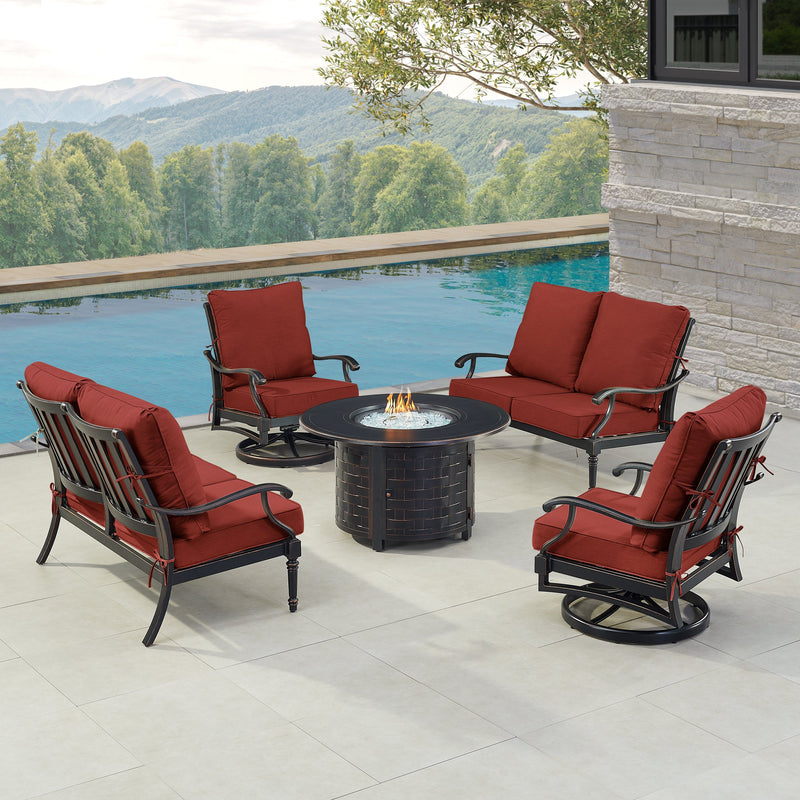 Black Aluminum Fire Table Set with Two Loveseats and Two Club Chairs