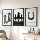 Black White Western Cowgirl 3 Piece Art. Boots, Horseshoe by Wall Art Set
