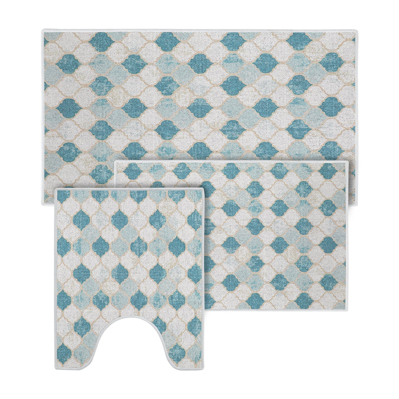 Moroccan Design 3 Piece Bathroom Rugs Set |Beige&Blue