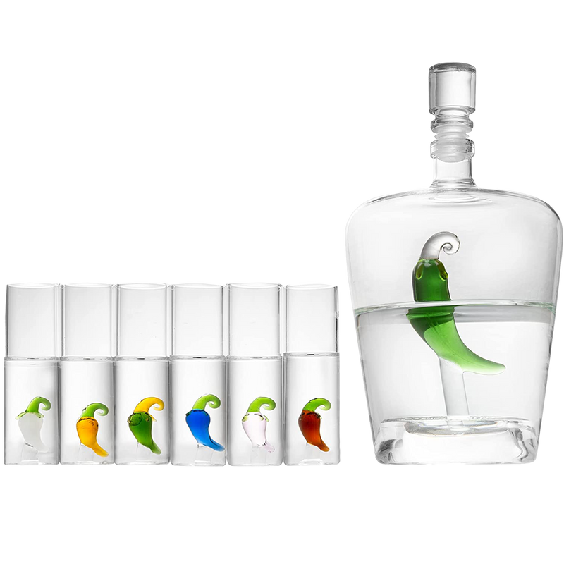 Tequila Decanter Set with Pepper Decanter and 6 Jalapeño Shot Glasses Set, Perfect for Holiday Gifts for Tequila Lovers, 25 Ounce Bottle, 3 Ounce Shot Glasses Cinco De Mayo, Reposado Gift (Pepper)