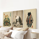 Japanese Ukiyo-e Style Cat Wall Art Set of 3. Tea Ceremony by Wall Art Set