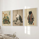 Japanese Ukiyo-e Style Cat Wall Art Set of 3. Tea Ceremony by Wall Art Set