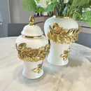 GobekUsa Golden Leaves Ceramic Flower Vase with Hand-embossed Flowers for Flower Arrangement