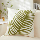 White and olive green embroidered leaf pillow cover living room by Decorbites