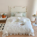 GobekUsa 4Pcs Flowers Embroidery Princess Queen Bedding Set with Lace Ruffles