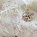 GobekUsa 4Pcs Flowers Embroidery Princess Queen Bedding Set with Lace Ruffles