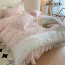 GobekUsa 4Pcs Flowers Embroidery Princess Queen Bedding Set with Lace Ruffles