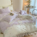GobekUsa 4Pcs Flowers Embroidery Princess Queen Bedding Set with Lace Ruffles