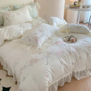 GobekUsa 4Pcs Flowers Embroidery Princess Queen Bedding Set with Lace Ruffles