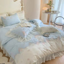 GobekUsa 4Pcs Flowers Embroidery Princess Queen Bedding Set with Lace Ruffles