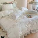 GobekUsa 4Pcs Flowers Embroidery Princess Queen Bedding Set with Lace Ruffles