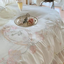 GobekUsa 4Pcs Flowers Embroidery Princess Queen Bedding Set with Lace Ruffles