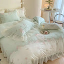 GobekUsa 4Pcs Flowers Embroidery Princess Queen Bedding Set with Lace Ruffles