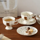White gold trim cartoon kitten pattern ceramic mug and saucer dining room by Decorbites