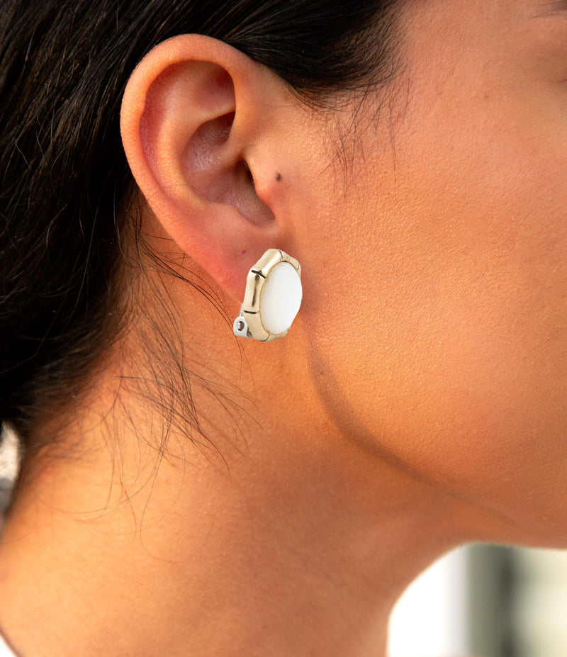 White Mother of Pearl Golden Bamboo Clip Earrings